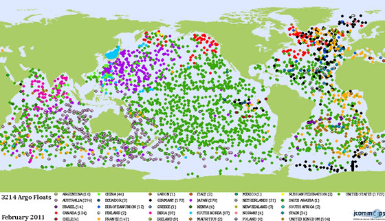 Status of the global Argo sampling array at the end of February 2011 colour coded by country that launches the float.