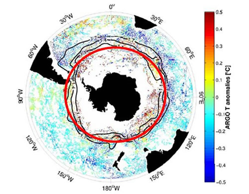 Temperature anomalies from the climatological mean, and Argo coverage of the Southern Ocean.